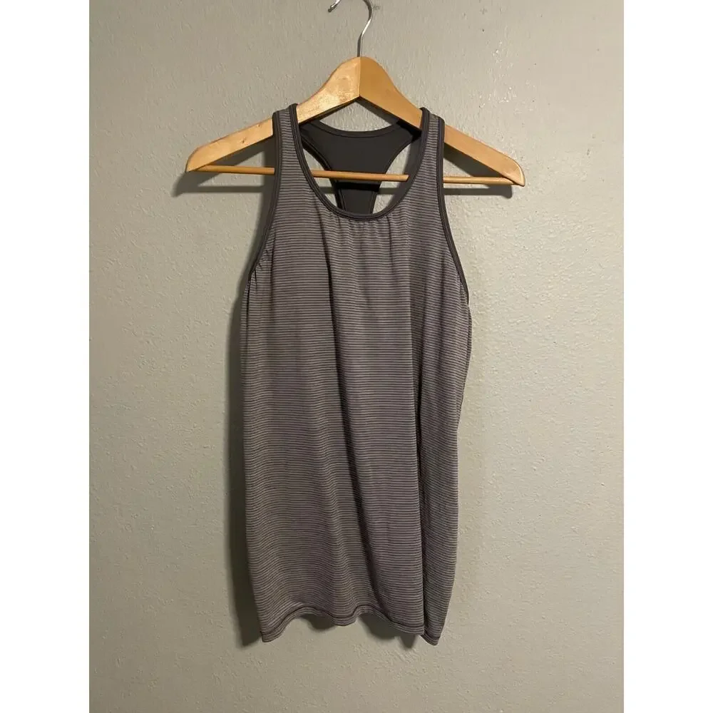 Lululemon Ruche of Adrenaline Womens Tank Top Size 12 Gray Striped Racerback - Picture 1 of 6